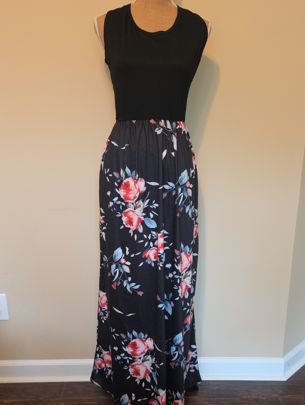 Black Floral Maxi Skirt with Pink Rose Accents